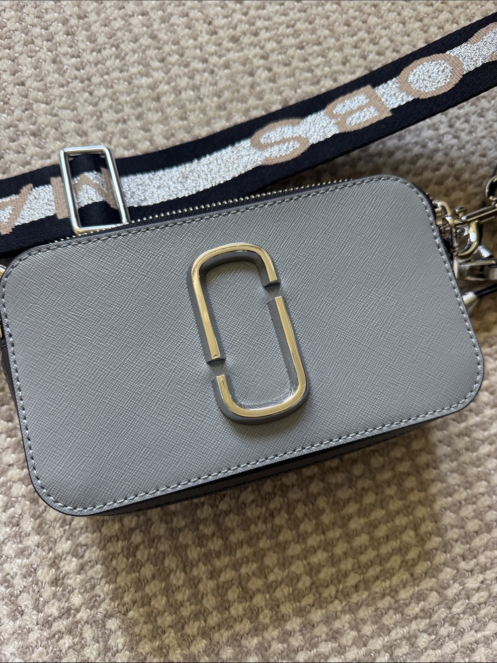 Marc Jacobs gray leather Snapshot crossbody with black/ silver logo strap